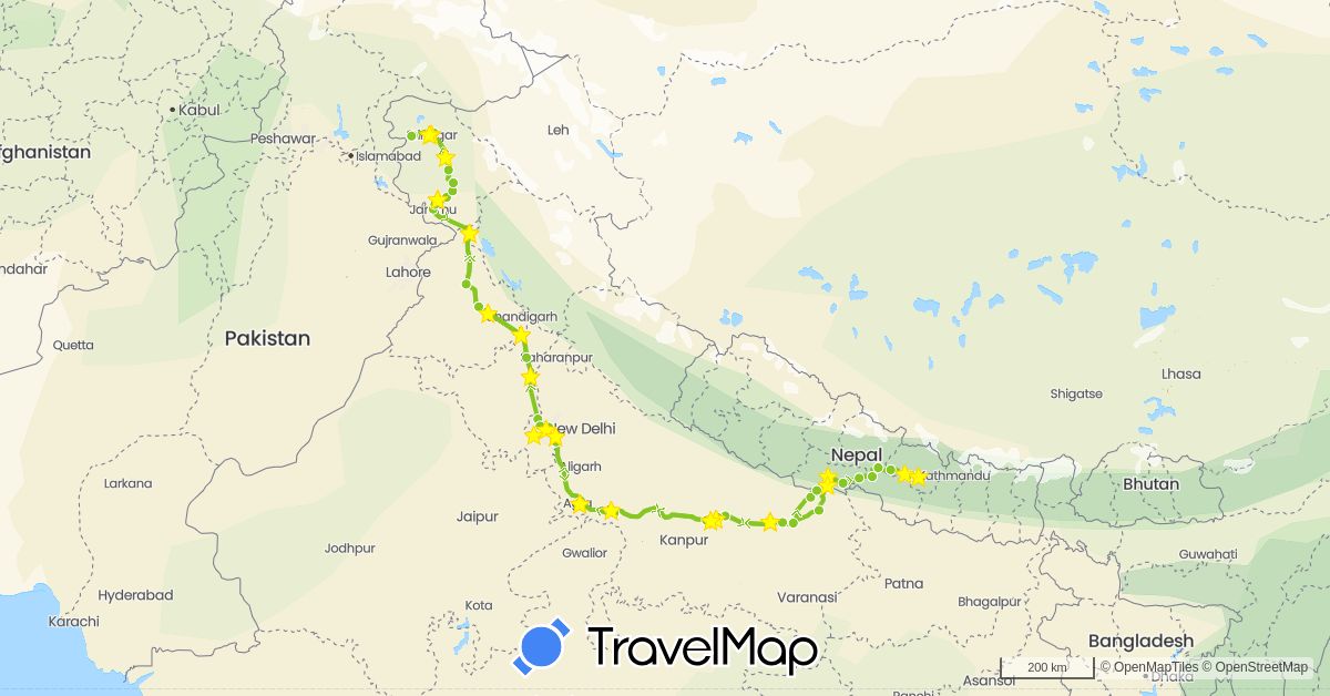TravelMap itinerary: driving, electric vehicle in India, Nepal (Asia)